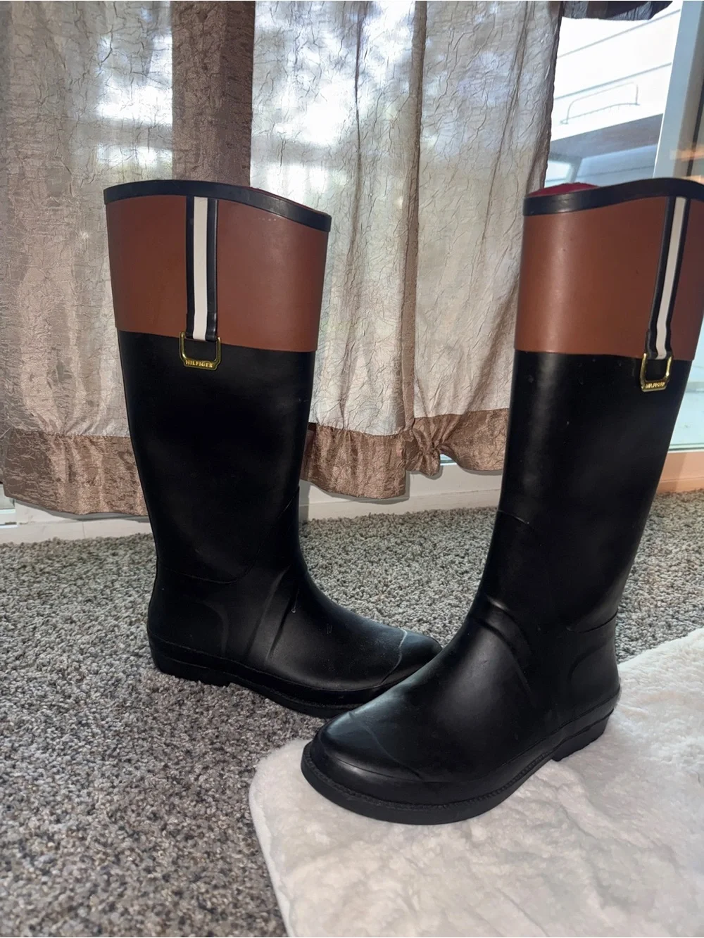 Tommy Hilfiger Black and Brown Tall Rain Boots with Stripe Accent
